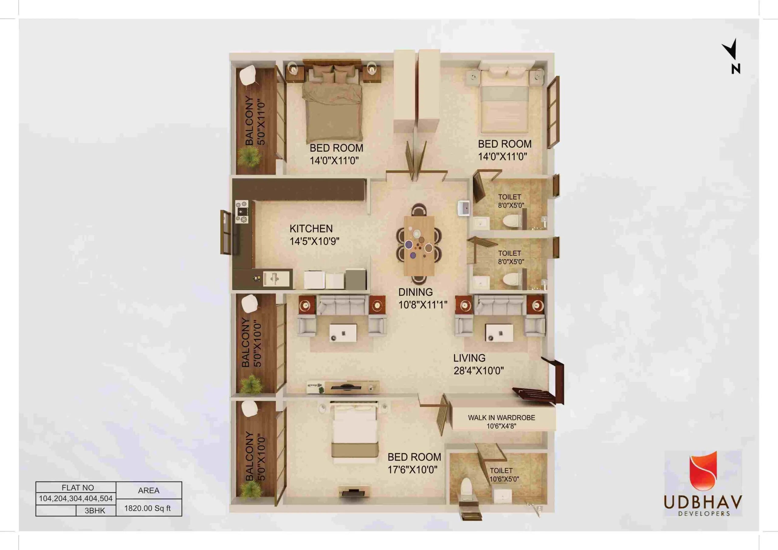 3BHK 1820 Sft (Top View)